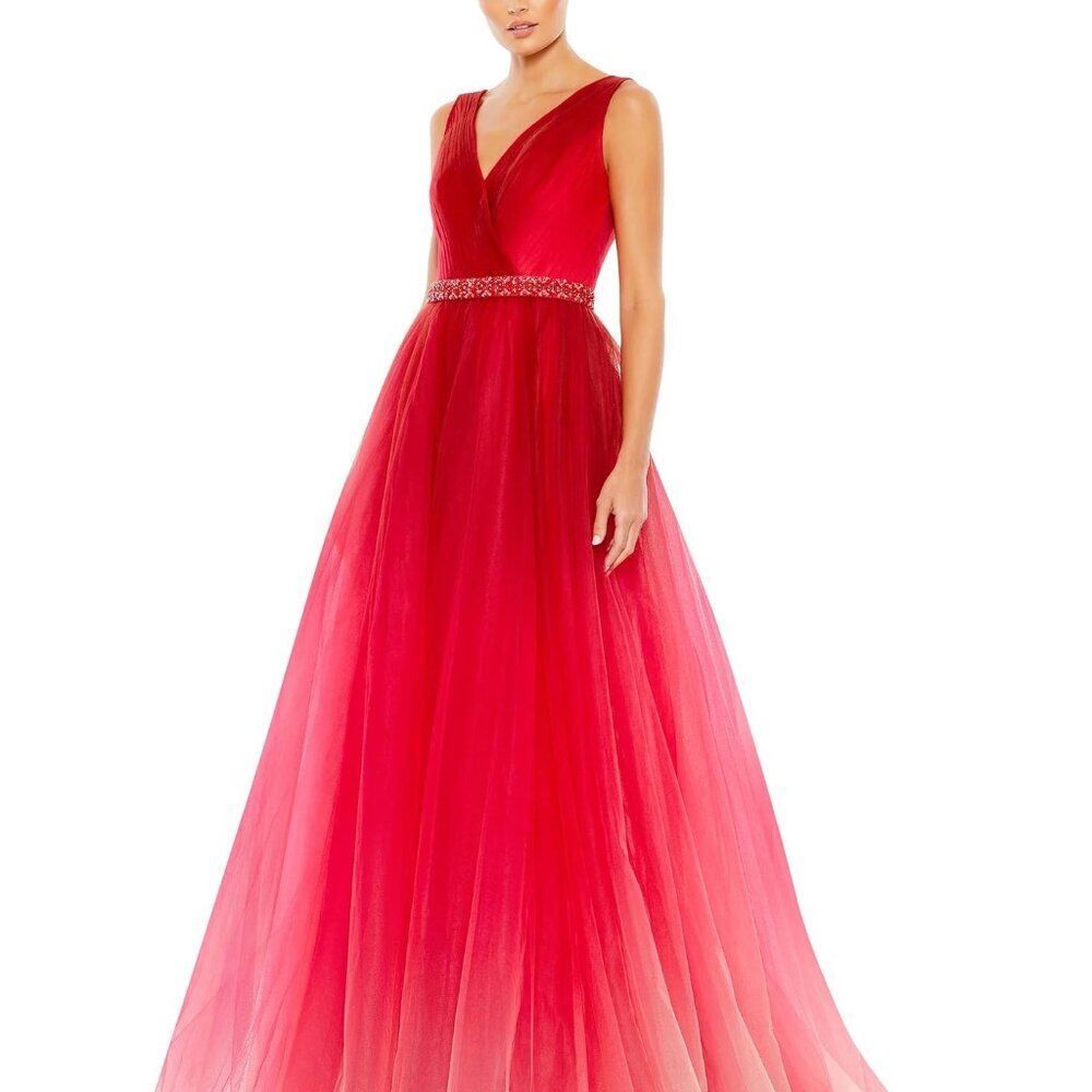NEW | Mac Duggal 20378 Beaded Belt Wrap Over Sleeveless Ballgown Red Ombre 18 - Picture 1 of 5